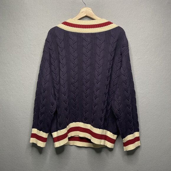 V-Neck Cricket Cable Knit Sweater In Navy By FOUND Size Small - Picture 5 of 6